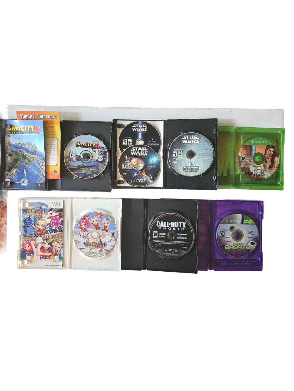 6 Video Game Lot Xbox One PS3 PC Wii Star Wars GTA V SimCity 4 We Cheer 2
